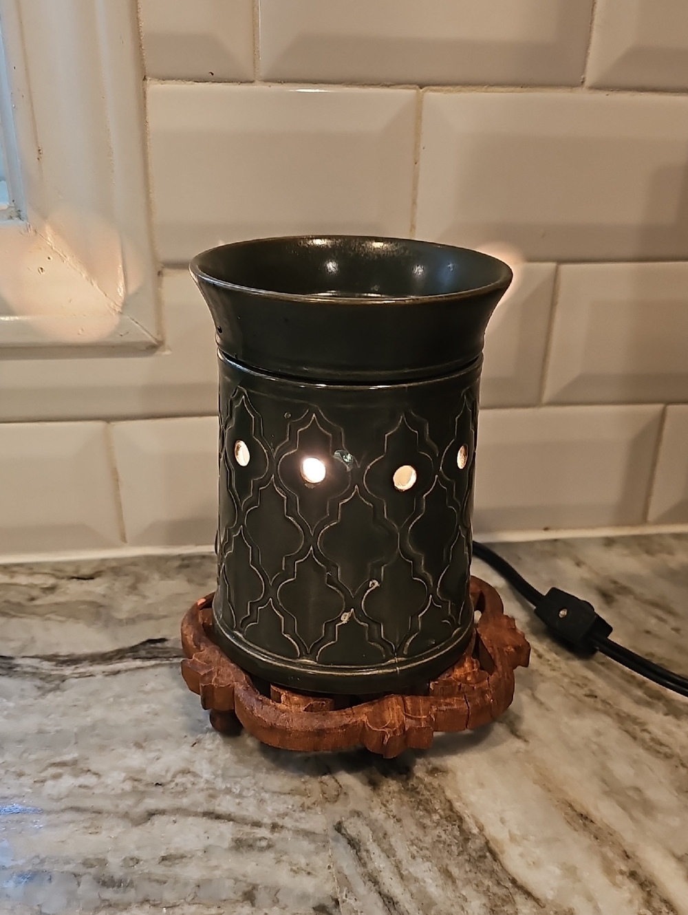 Dark Green Ceramic Aroma Warmer with Geometric Cutouts Scentsy